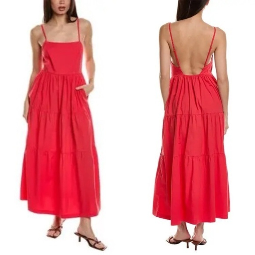 NWT Monrow Poplin Cotton Tiered Ruffle Maxi Dress Low Back Red Coral M